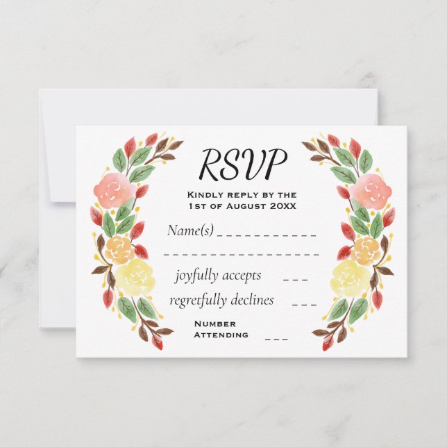 Elegante Frühlingsflorale Wasserfarben - Kranz RSVP Karte (Vorderseite)