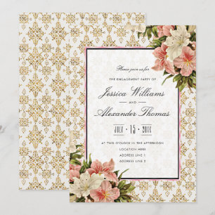 Elegante Frühlingssträuße & Gold Glitter Verlobung Einladung