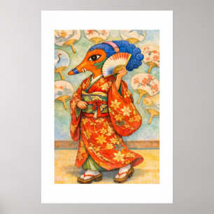 Elegante Fuchs-Dame im Kimono mit Fächer Poster