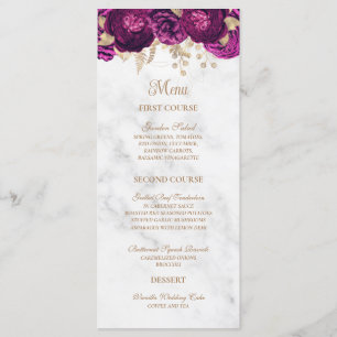 Elegante Fuchsia Floral Gold Marmorhochzeit Menükarte