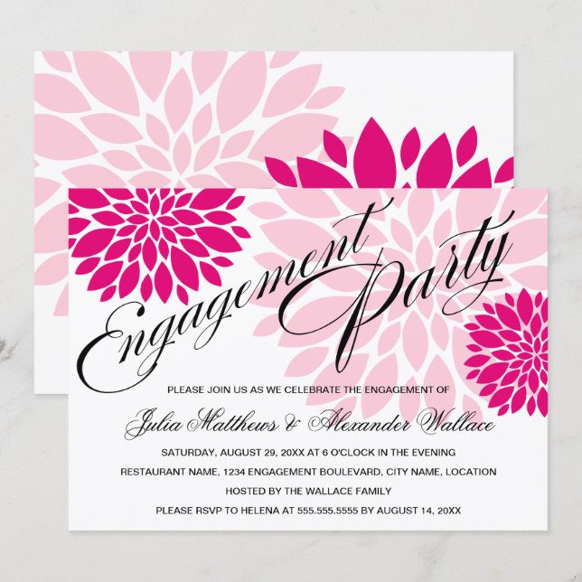 Elegante Fuchsia Pink Floral Burst Engagement Part Einladung (Vorne/Hinten)