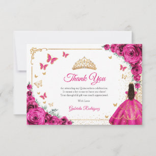Elegante Fuchsia Rosa Rosen Gold Quinceanera Dankeskarte