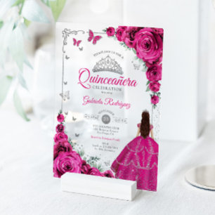 Elegante Fuchsia-Rosa-Rosen Silber Quinceanera Acryleinladungen