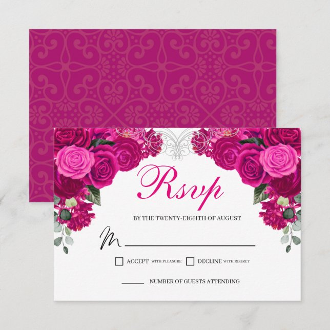 Elegante Fuchsia Silver Floral UAWG Enclosure Card RSVP Karte (Vorne/Hinten)