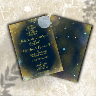 Elegante Full Moon Celestial Wedding: Blue & Gold Einladung
