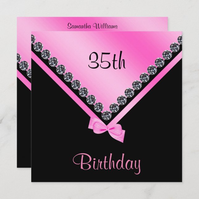 Elegante Funkelnd Diamonds & Pink Bow 35. Geburtst Einladung (Vorne/Hinten)