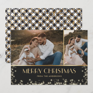 Elegante funkelnde schwarz-goldene Karo-Foto-Weihn Feiertagskarte
