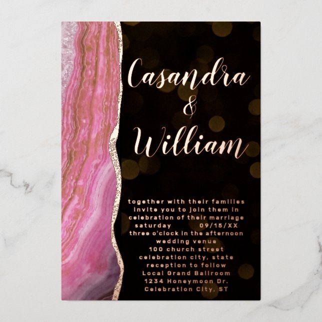 Elegante Galaxy Agate Geode Pink & Gold Hochzeit Folieneinladung (Vorderseite)