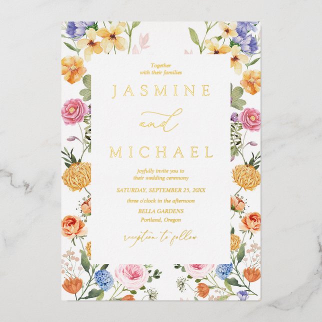 Elegante Garden Blume Wildblume Hochzeit Gold Folieneinladung (Vorderseite)