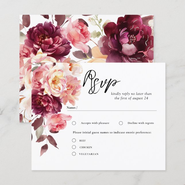 Elegante Garden Floral Burgundy Wedding RSVP Cards (Vorne/Hinten)