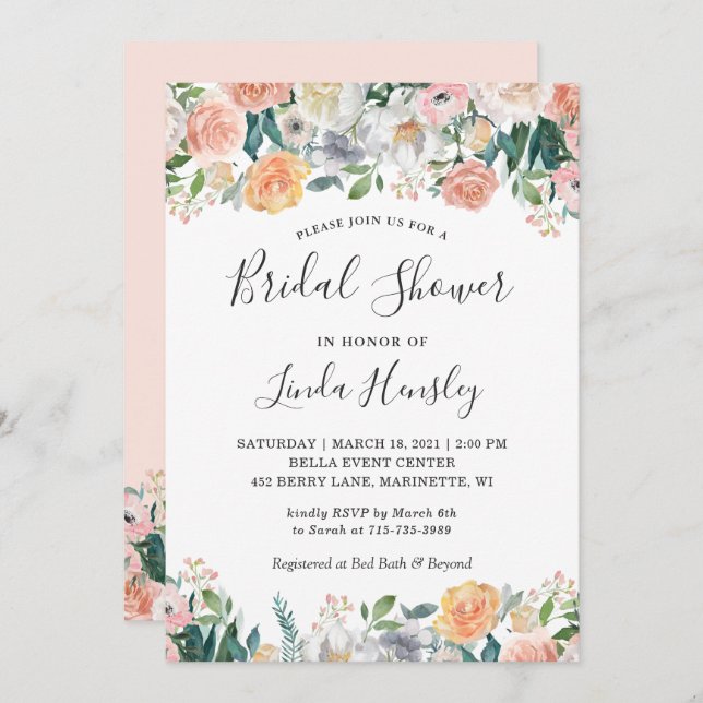 Elegante Garden Rose Brautparty Einladung (Vorne/Hinten)