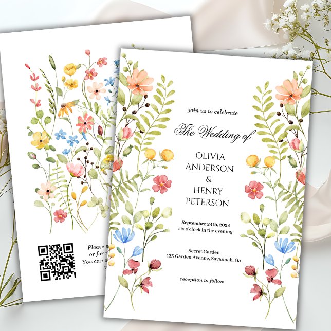 Elegante Garden Wildblume Floral QR Code Wedding Einladung (Von Creator hochgeladen)