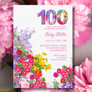 Elegante Gartenparty-Blumen zum 100. Geburtstag  Einladung