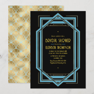 Elegante Gatsby Art Deco Blau & Gold Brautparty-Ei Einladung