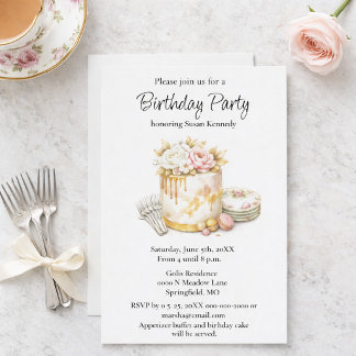 Elegante Geburtstags-Rosé- und Goldtorte Einladung
