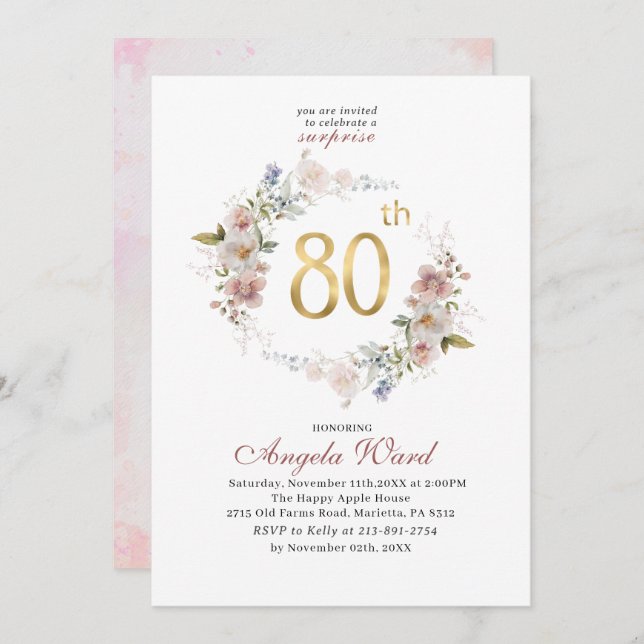 Elegante Geburtstagsfeier Aquarellblume Einladung (Vorne/Hinten)
