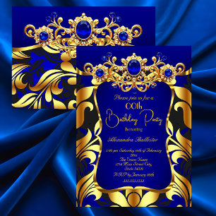 Elegante Geburtstagsfeier Blau Gold Schwarz Damast Einladung