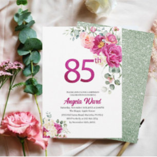 Elegante Geburtstagsfeier Blumenbeete 85. Glitzer Einladung