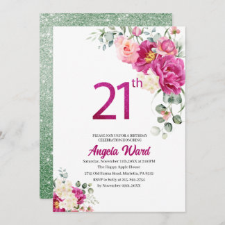 Elegante Geburtstagsfeier Blumenbeete Glitzer 21. Einladung