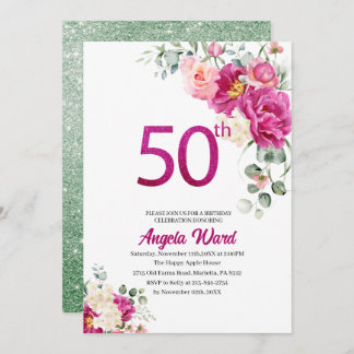 Elegante Geburtstagsfeier Blumengebäck 50. Glitzer Einladung