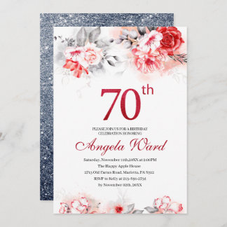 Elegante Geburtstagsfeier Blumengebäck 70. Glitzer Einladung