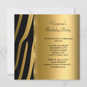 Elegante Geburtstagsfeier Gold Schwarz Zebra Strei Einladung