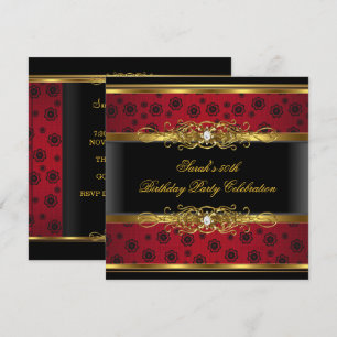 Elegante Geburtstagsfeier Rot Schwarz Gold Spitze Einladung