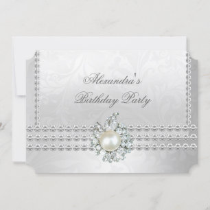 Elegante Geburtstagsfeier Silber Diamant Perle CC Einladung