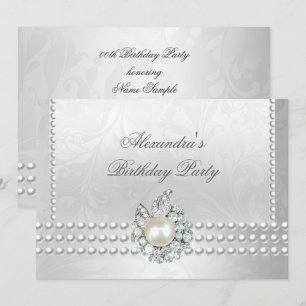 Elegante Geburtstagsfeier Silberweiß Diamant Perle Einladung