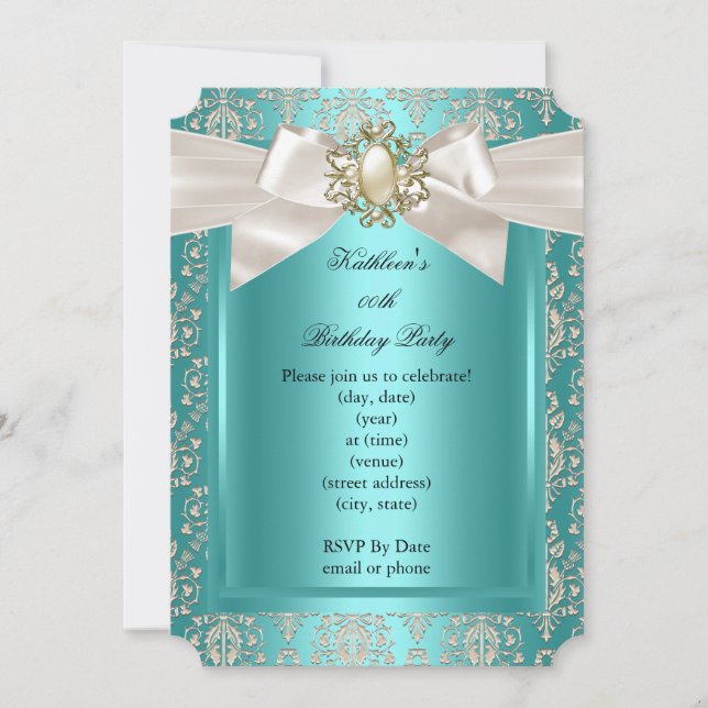 Elegante Geburtstagsparty Aquamarin Damask Perle C Einladung (Vorderseite)