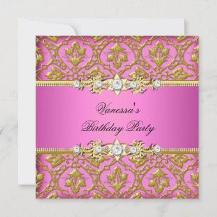 Elegante Geburtstagsparty Damask Pink Gold Einladung