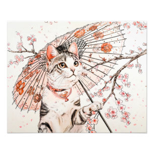 Elegante Geisha-Katze mit verziertem Sonnenschirm  Fotodruck
