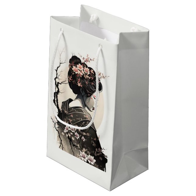 Elegante Geisha mit Kirschblüten -  Kleine Geschenktüte (Rückseite Schrägansicht)