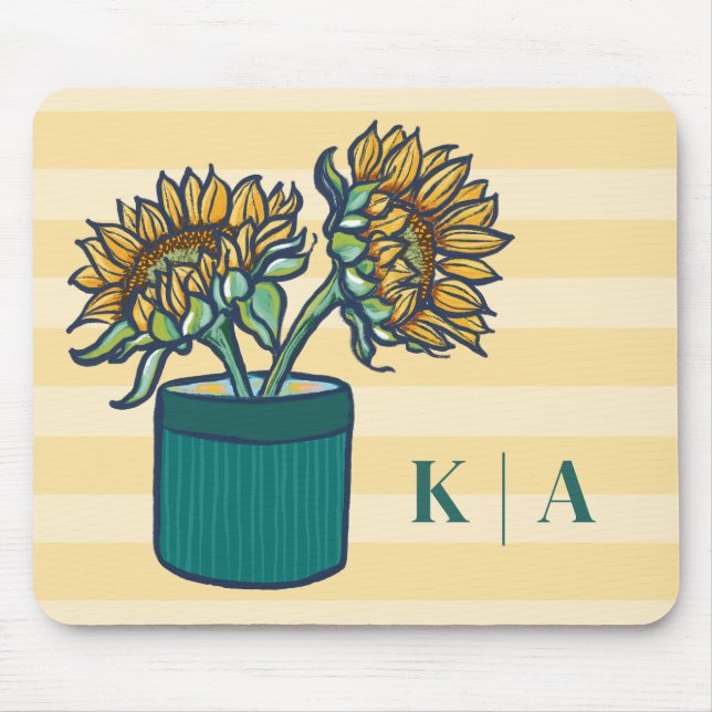 Elegante gelb gestreifte Monogramm-Sonnenblume  Mousepad (Vorne)