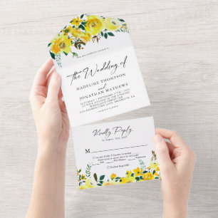 Elegante Gelb Senf Blumen Aquarell Hochzeit All In One Einladung