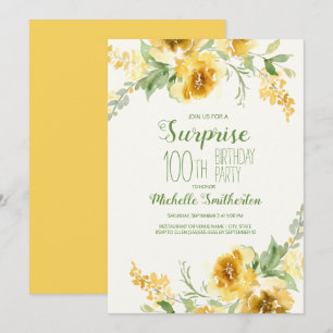 Elegante gelbe Aquarell-Blumen zum 100. Geburtstag Einladung