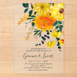 Elegante gelbe Aquarell-Botanik-Blumenhochzeit Acryleinladungen
