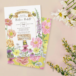 Elegante Gelbe Biene und Wildblume Babydusche Einladung