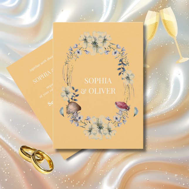 Elegante, gelbe Blume und Mushroom-Kranzhochzeit Einladung (Von Creator hochgeladen)
