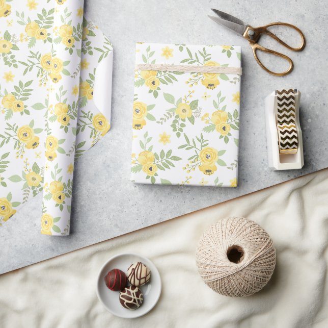 Elegante gelbe Blumen & Grün Geschenkpapier (Kunsthandwerk)
