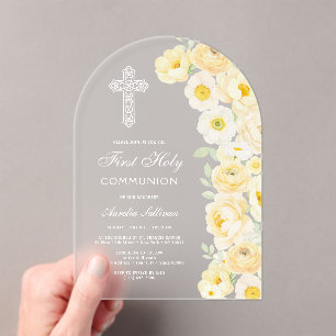 Elegante gelbe Blumen wölben sich zur Erstkommunio Acryleinladungen