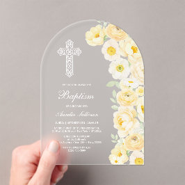 Elegante gelbe Blumenbogen-Taufe Acryleinladungen
