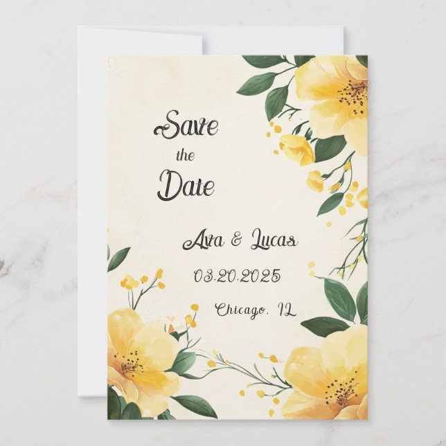 Elegante Gelbe Blütenkarte Save the Date Einladung (Vorderseite)