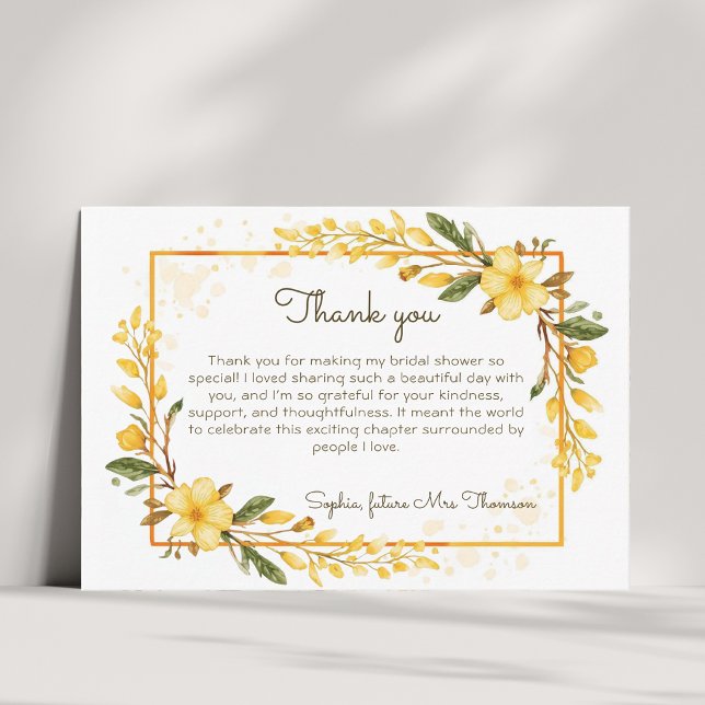 Elegante gelbe Floral-Bridal-Shower im Wasserfarbl Dankeskarte (Von Creator hochgeladen)