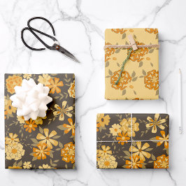 Elegante, gelbe, orangefarbene Blume auf Braun Geschenkpapier Set