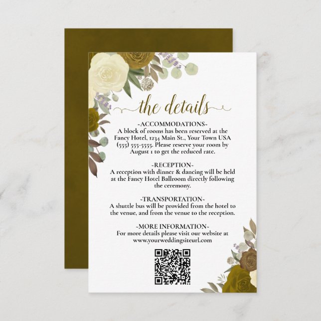 Elegante Gelbe Rose Hochzeitdetails QR-Code Begleitkarte (Vorne/Hinten)
