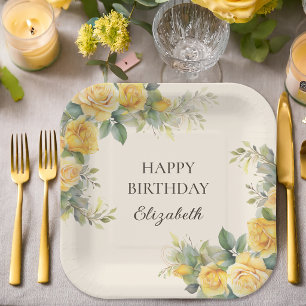Elegante gelbe Rosen-Blumen-Geburtstagsfeier Pappteller