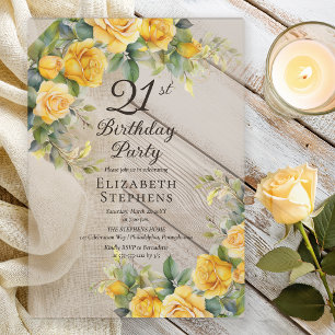 Elegante gelbe Rosen-Einladung zum 21. Geburtstag Acryleinladungen