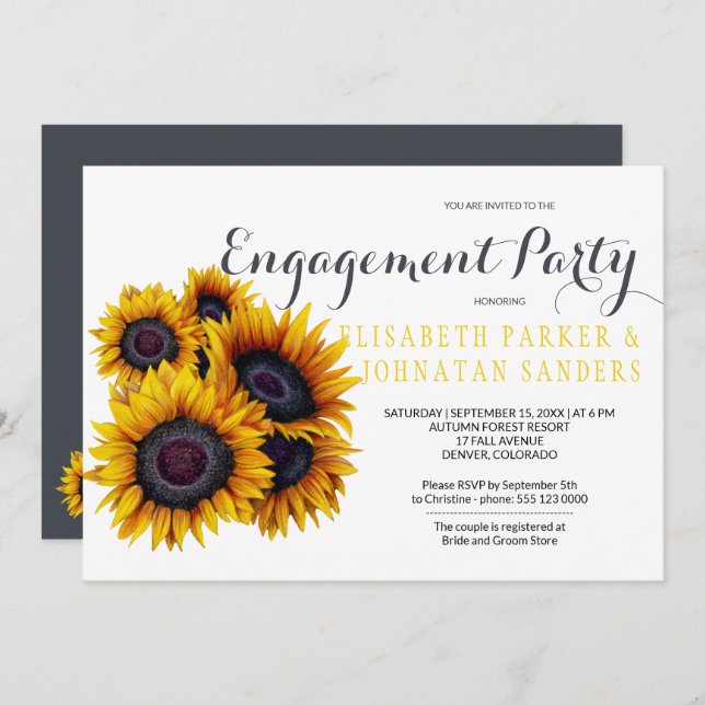 Elegante gelbe Sonnenblumen Autumn Engagement Part Einladung (Vorne/Hinten)