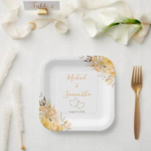 Elegante gelbe und elfenbeinfarbene Rosenhochzeit Pappteller